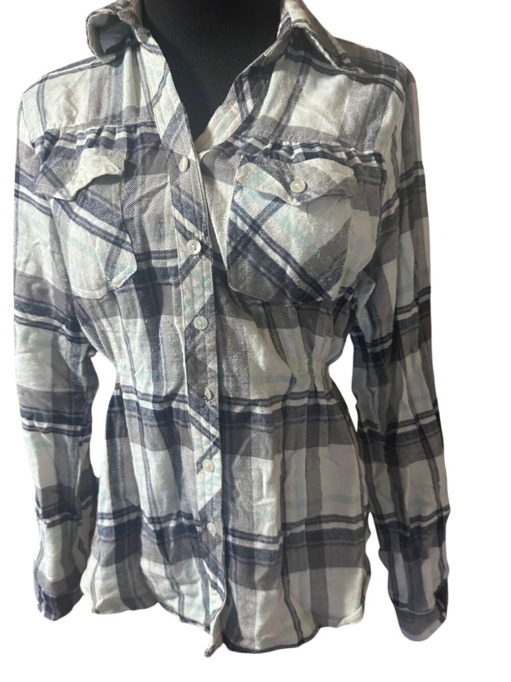 Fashion Web black white and blue plaid button up with elastic panels on sides si